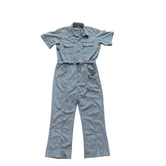 Vintage 70s walls coveralls leisure alls blue and white houndstooth - Picture 1 of 10
